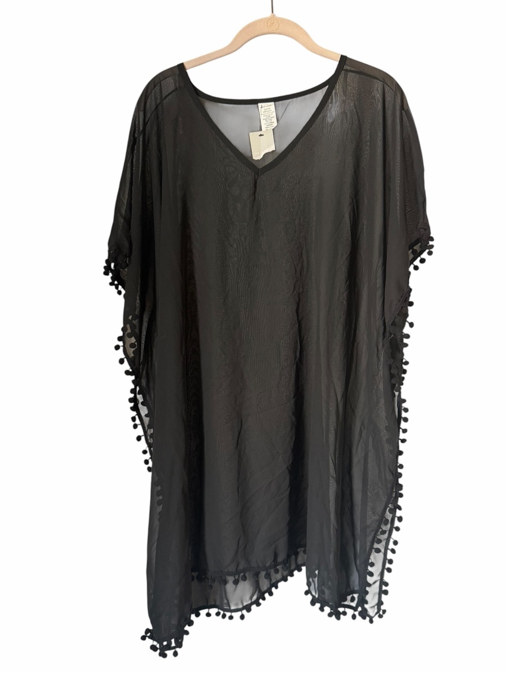 NWT Sheer Black Pom-Pom Swim Cover-Up Tunic Lightweight Chic Elegant Beach